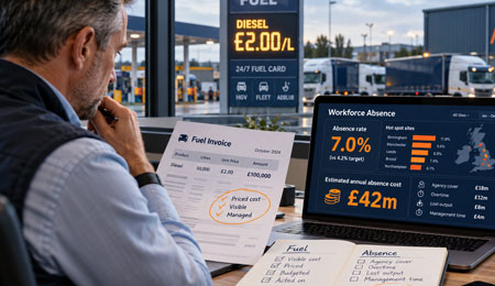 man at desk looking at fuel prices